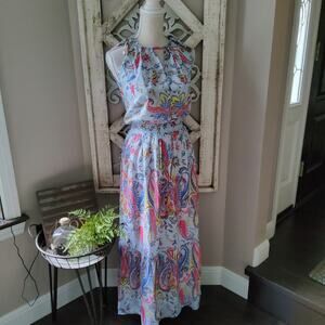 Griffin Women's Smocked Waist Adjustabe Tie Halter Maxi Dress in Floral Paisley